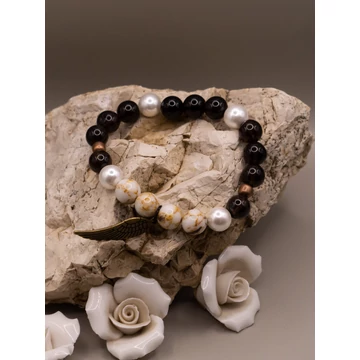 ELYSÉA ásványkarkötő (8mm - fekete obszidián, szintetikus kagylógyöngy, ezüst kagylógyöngy)