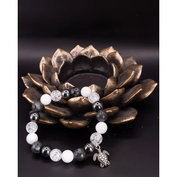 NAYEN ásványkarkötő (8mm - larvikit, hematit, roppantott hegyikristály, fehér jáde, ezüst teknős medál)