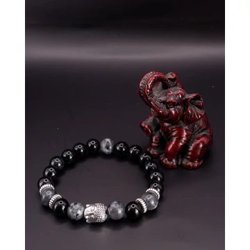 ONAR ásványkarkötő (8mm - larvikit, ónix, ezüst buddhafej köztes)