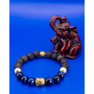 SARYN ásványkarkötő (8mm - kék tigrisszem, világos arany hematit, fekete lávakő, buddhafej köztes)