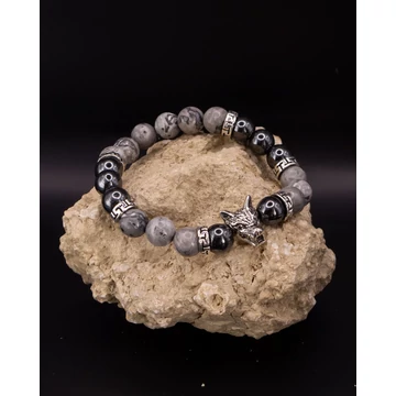 WERIN ásványkarkötő (8mm - térkép jáspis, hematit, ezüst farkasfej köztes)
