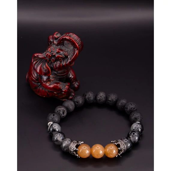 LAREON ásványkarkötő (8mm - napkő, larvikit, fekete lávakő, ezüst korona köztes)