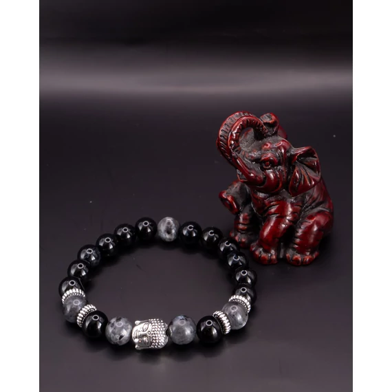 ONAR ásványkarkötő (8mm - larvikit, ónix, ezüst buddhafej köztes)