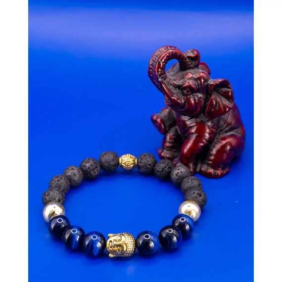 SARYN ásványkarkötő (8mm - kék tigrisszem, világos arany hematit, fekete lávakő, buddhafej köztes)