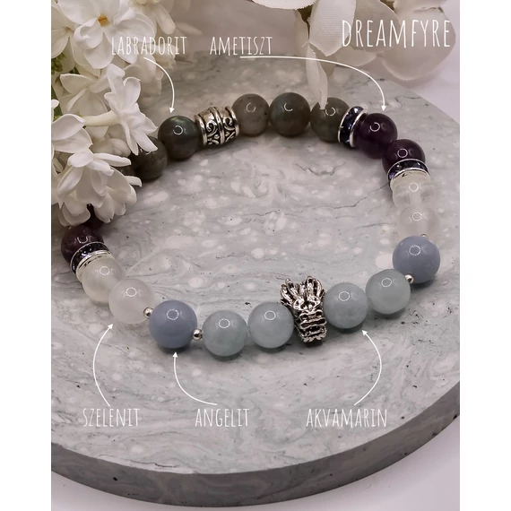 DREAMFYRE ásványkarkötő (8mm - ametiszt, angelit, akvamarin, szelenit, labradorit)