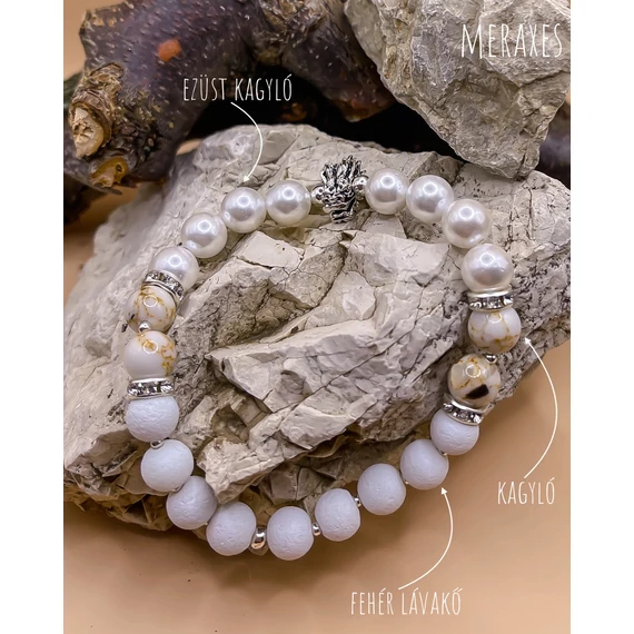 MERAXES ásványkarkötő (8mm - ezüst kagyló, kagyló, fehér lávakő)