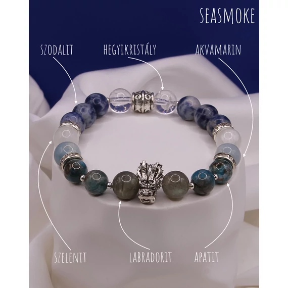 SEASMOKE ásványkarkötő (8mm - szodalit, hegyikristály, akvamarin, szelenit, labradorit, apatit)