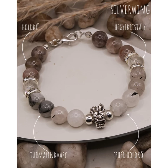 SILVERWING ásványkarkötő (8mm - holdkő, hegyikristály, turmalinkvarc, fehér holdkő)