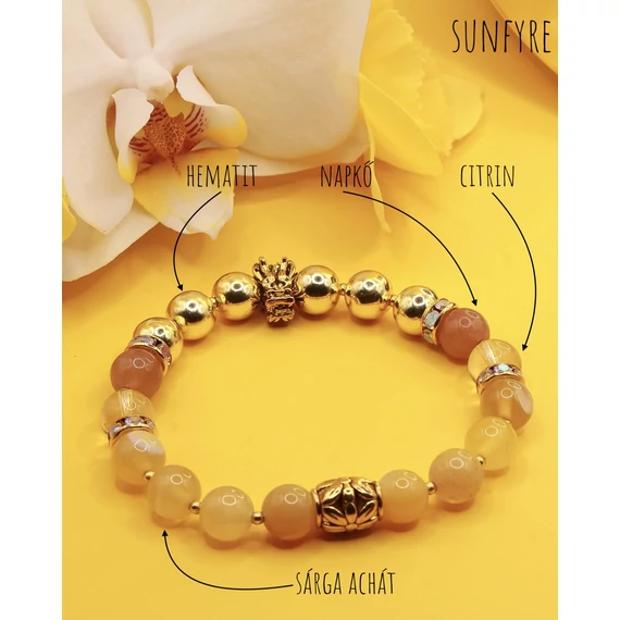 SUNFYRE ásványkarkötő (8mm - hematit, napkő, citrin, sárga achát)