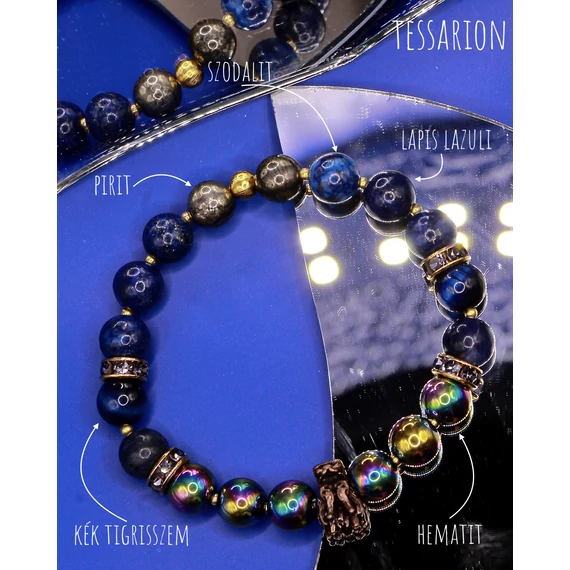 TESSARION ásványkarkötő (8mm - szodalit, pirit, lapis lazuli, kék tigrisszem, hematit)