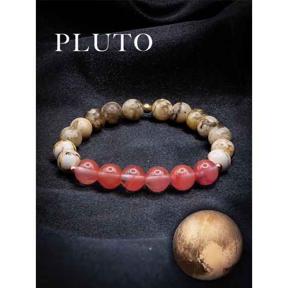 PLUTO ásványkarkötő (8mm cseresznye kvarc, földpát, szintetikus gyöngy kagylódarabokkal)