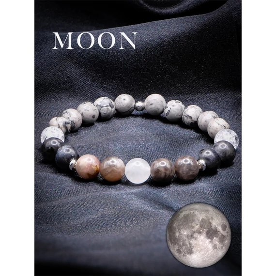 MOON ásványkarkötő (8mm larvikit, hegyikristály, térkép jáspis, holdkő, tejkvarc)