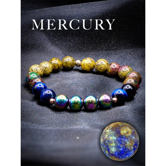 MERCURY ásványkarkötő (Merkúr, 8mm – szivárvány hematit, kék tigrisszem, színes larvikit, mozaikkő)