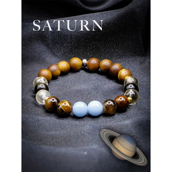 SATURN ásványkarkötő (Szaturnusz, 8mm – angelit, szantálfa, arany obszidián, arany tigrisszem, citrin)